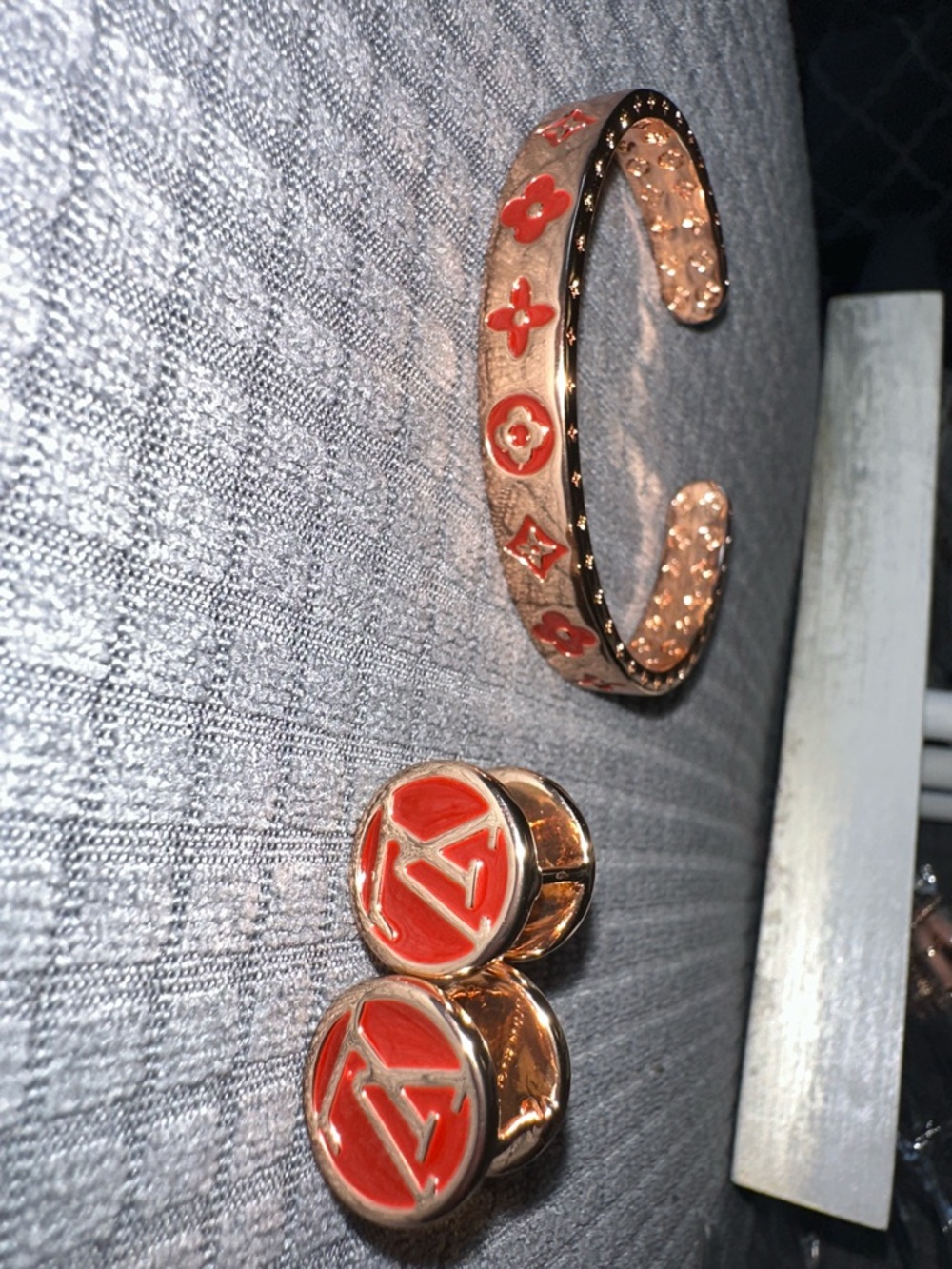 Louis Vuitton Rose Gold Bracelet and Red Logo Earrings Set - Picture 5 of 12
